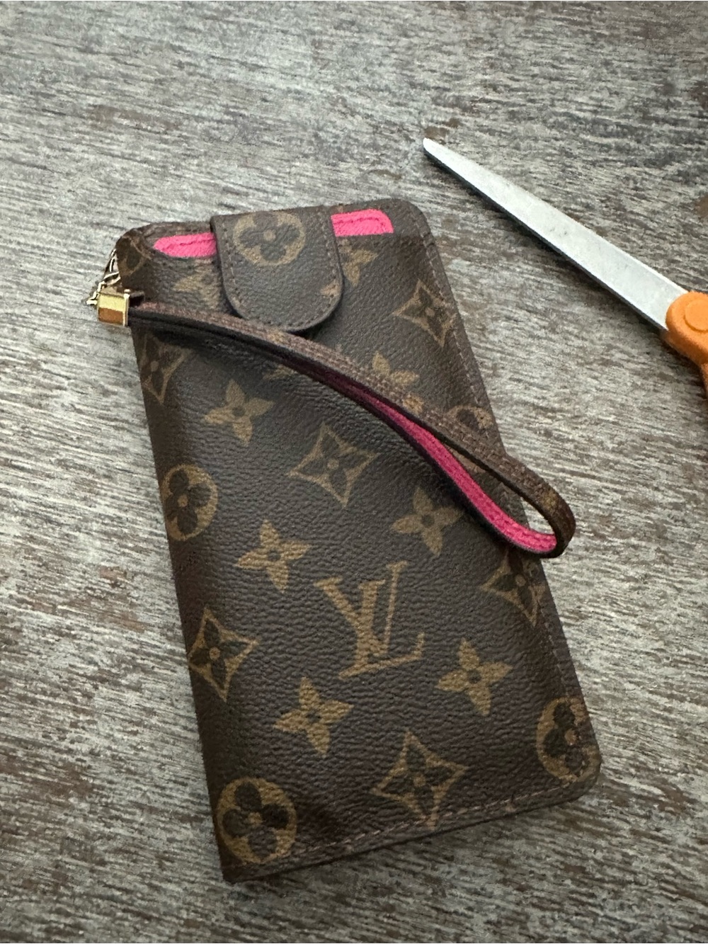 Monogram Wristlet Clutch/Phone Case in Brown with Pink Trim - Picture 4 of 16